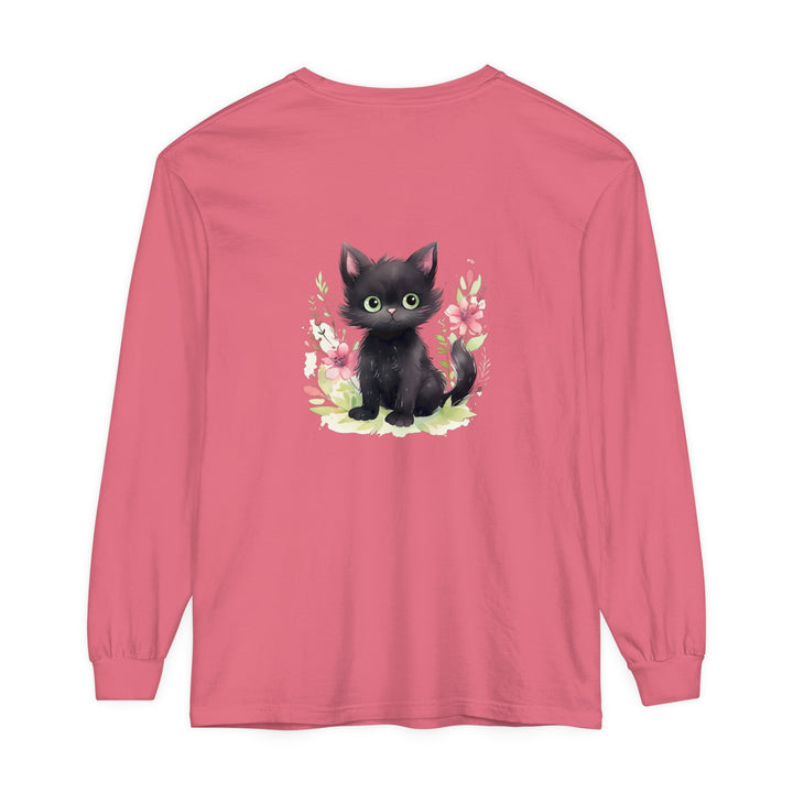 Unique and eye-catching t-shirt with a playful kitten and floral watercolor pattern