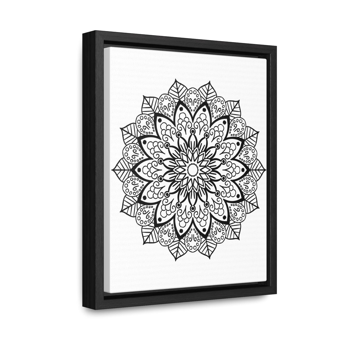 Handmade black and white mandala art on gallery canvas wraps in a vertical frame