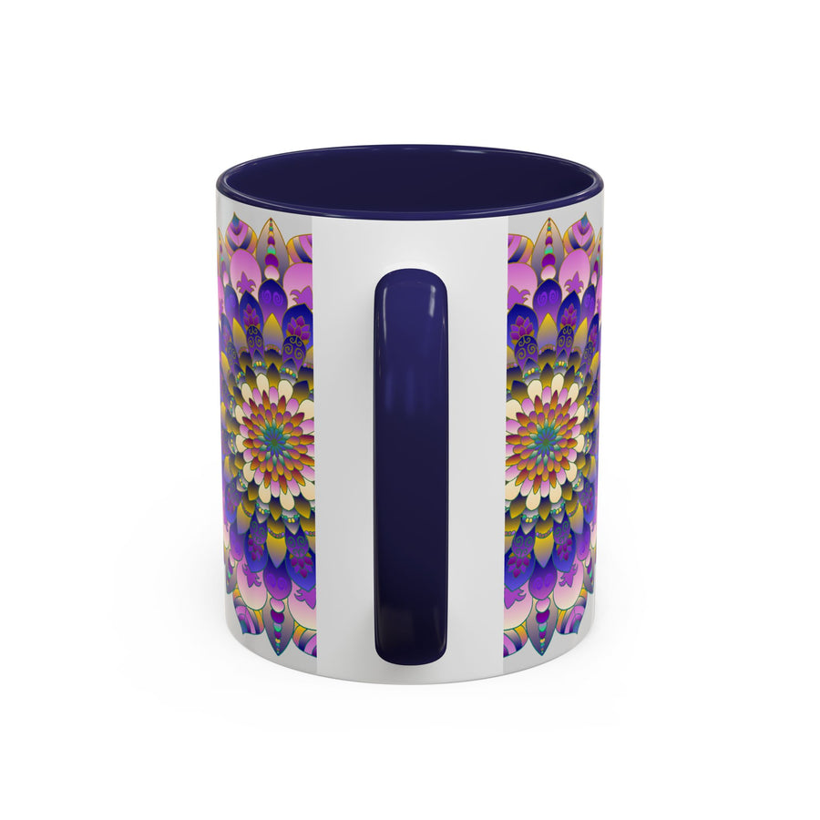 Vibrant and colorful mandala art design on a grey ceramic mug