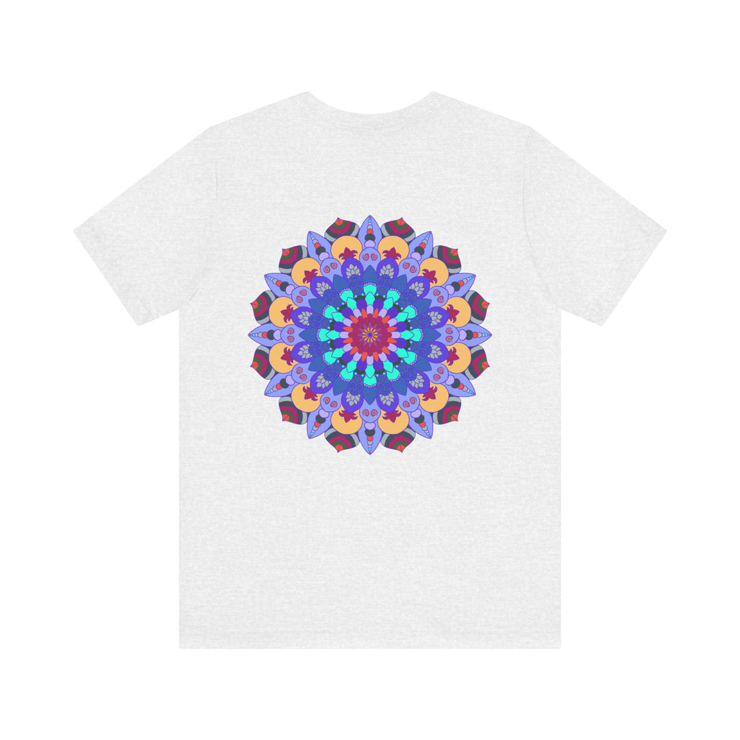 A vibrant and colorful t-shirt featuring a beautiful mandala design that promotes peace and harmony through spiritual art