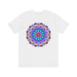 A vibrant and colorful t-shirt featuring a beautiful mandala design that promotes peace and harmony through spiritual art