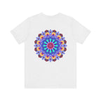 A vibrant and colorful t-shirt featuring a beautiful mandala design that promotes peace and harmony through spiritual art