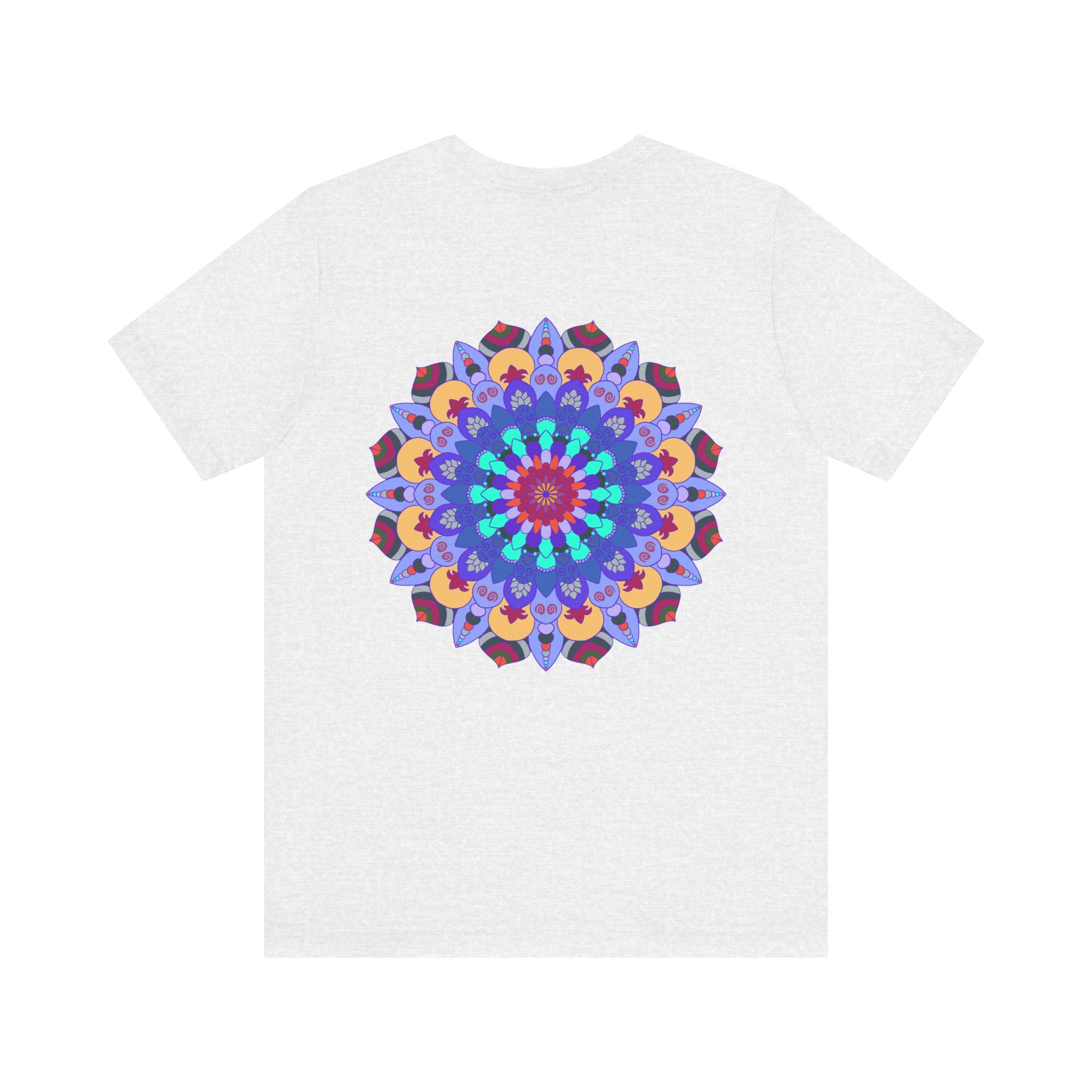 A vibrant and colorful t-shirt featuring a beautiful mandala design that promotes peace and harmony through spiritual art