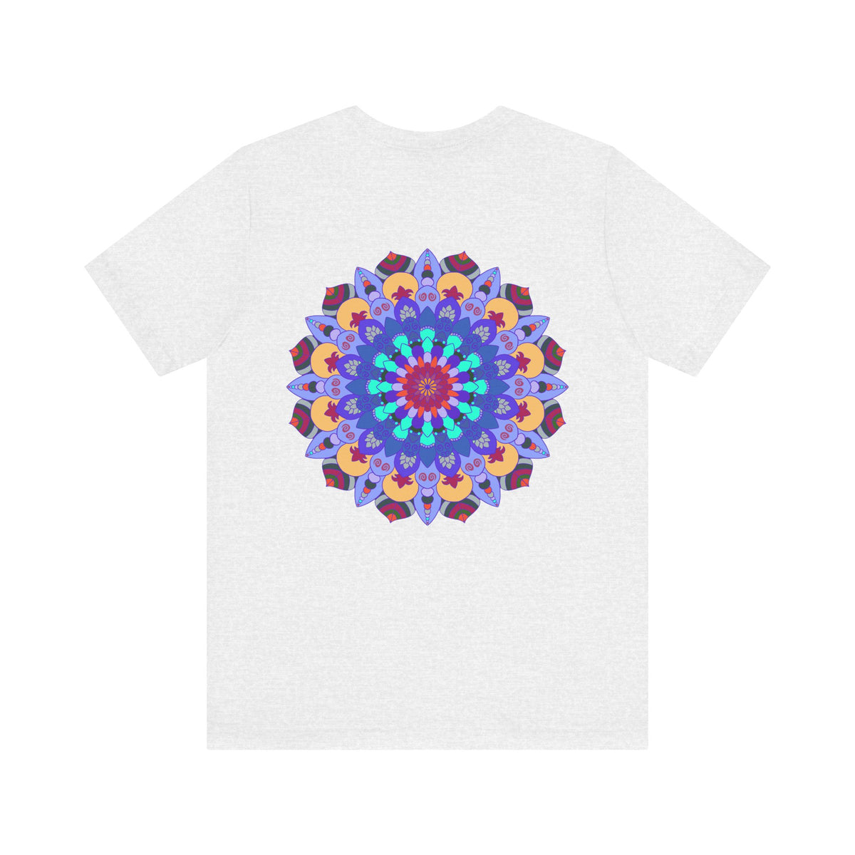 A vibrant and colorful t-shirt featuring a beautiful mandala design that promotes peace and harmony through spiritual art