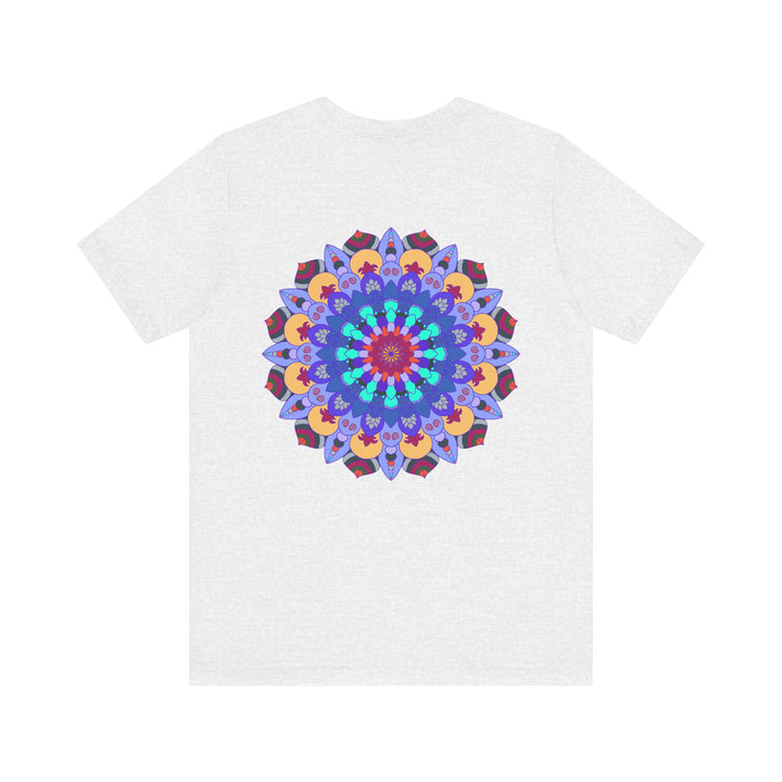 A vibrant and colorful t-shirt featuring a beautiful mandala design that promotes peace and harmony through spiritual art