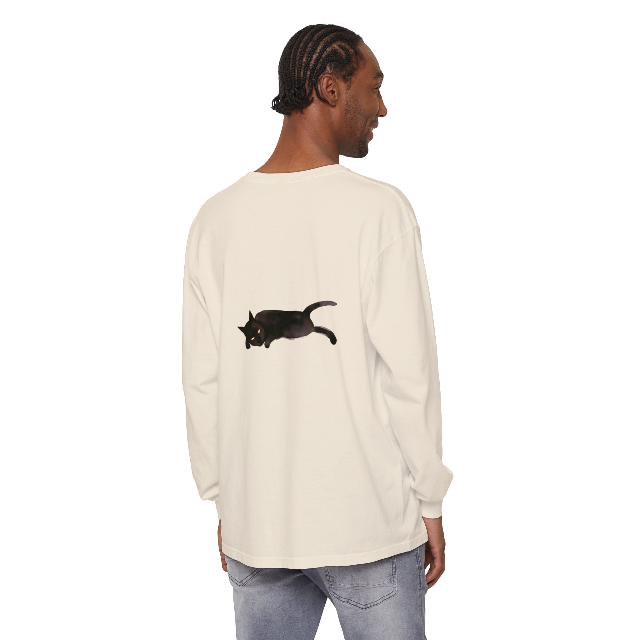 A cozy unisex long sleeve t-shirt featuring a sleeping black cat design