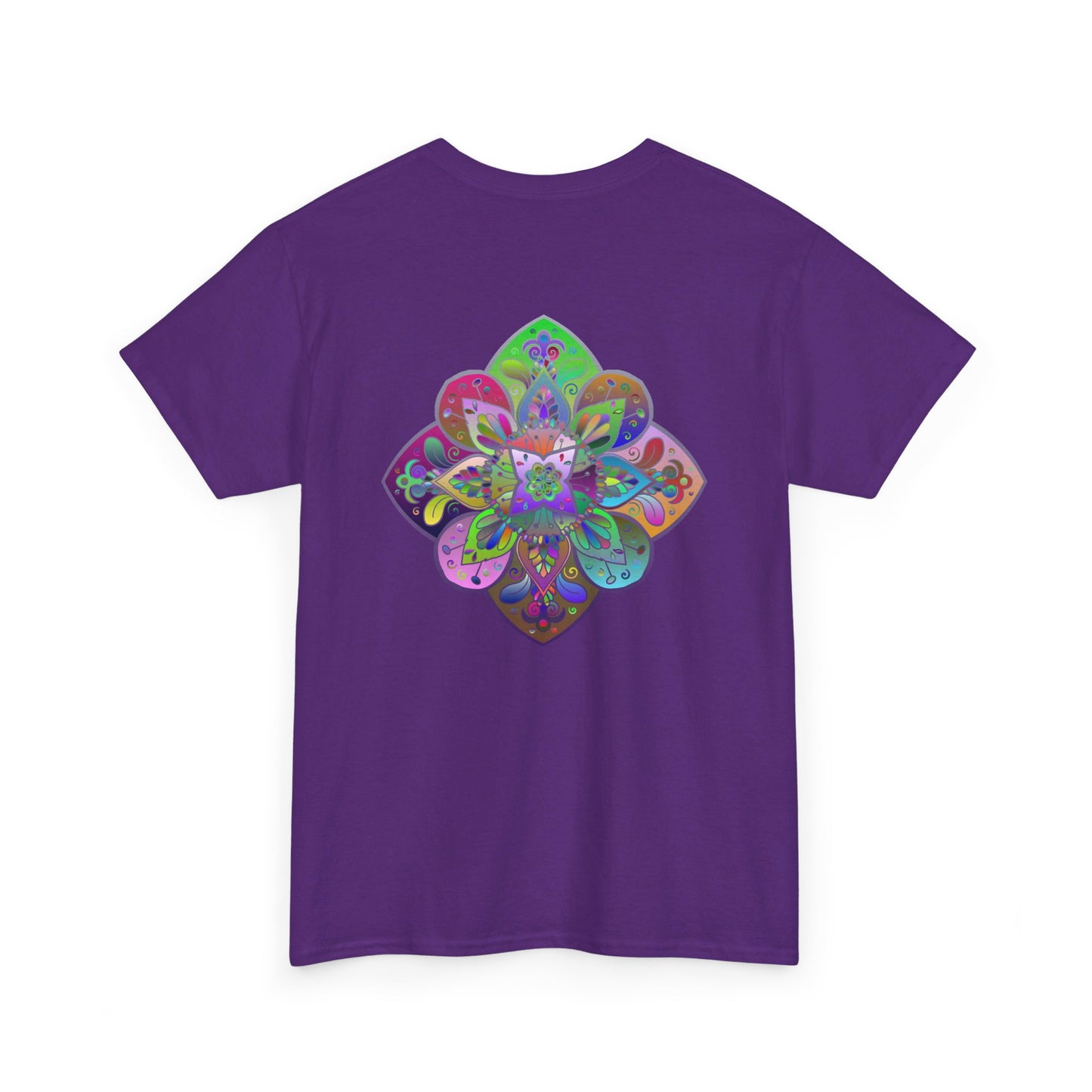 Colorful mandala art design printed on a soft cotton unisex t-shirt for yoga and mindfulness practice