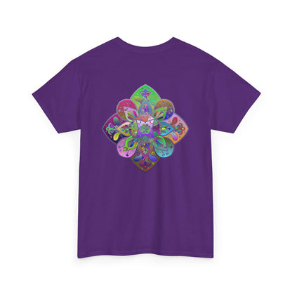 Colorful mandala art design printed on a soft cotton unisex t-shirt for yoga and mindfulness practice