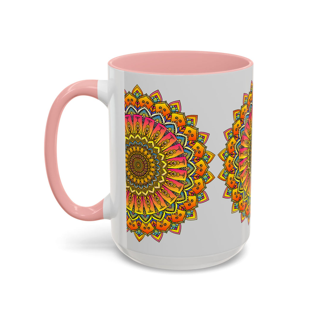 Beautiful, vibrant mandala art mug with colorful floral design and intricate patterns