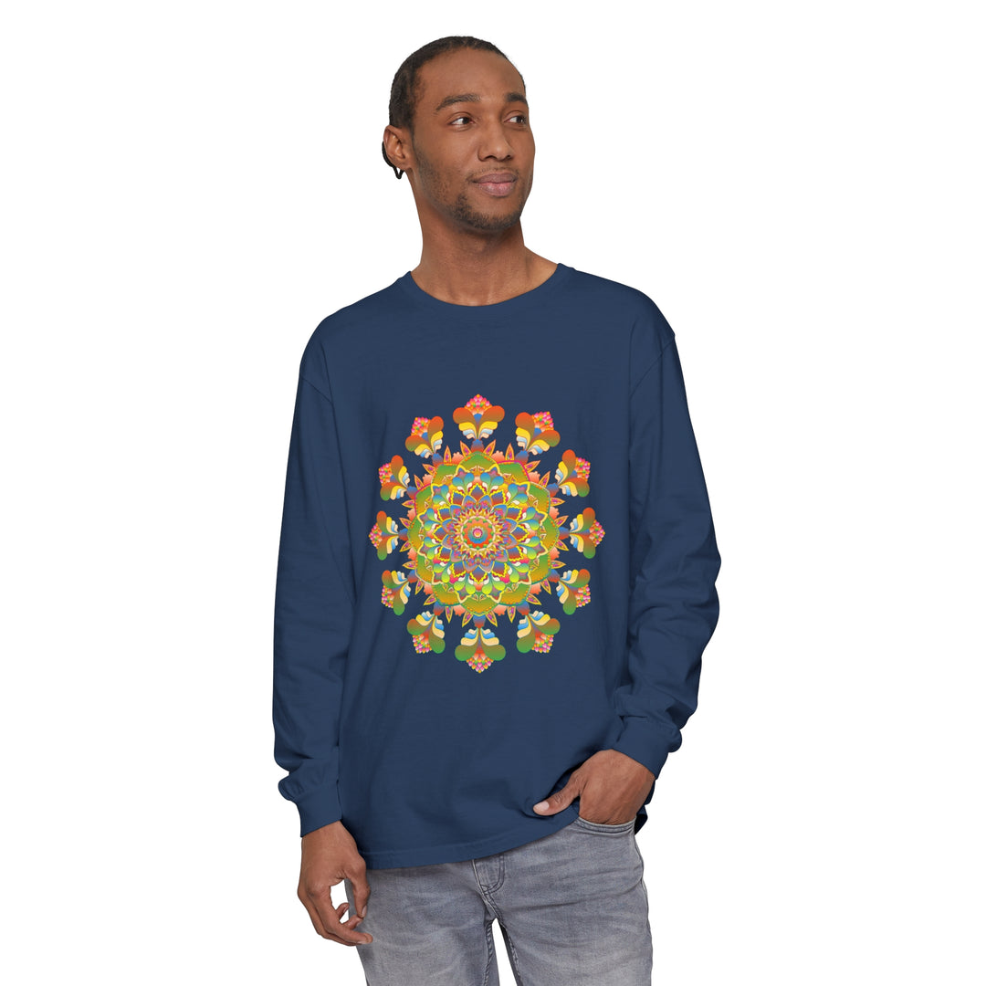 Vibrant Mandala Long Sleeve T-Shirt featuring colorful, intricate art design