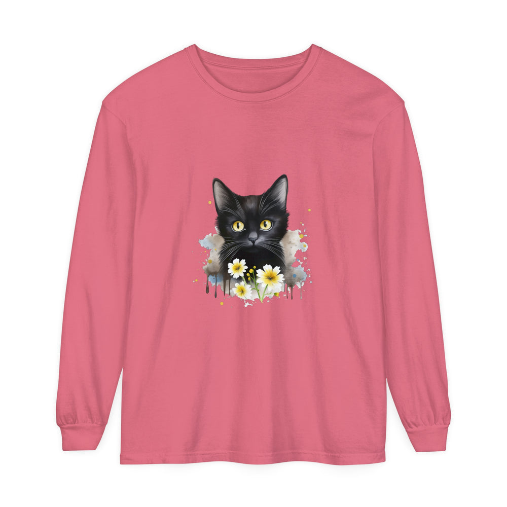 Black Cat Watercolor Floral Unisex T-Shirt featuring a beautiful and vibrant watercolor floral design with a black cat, perfect for both men and women