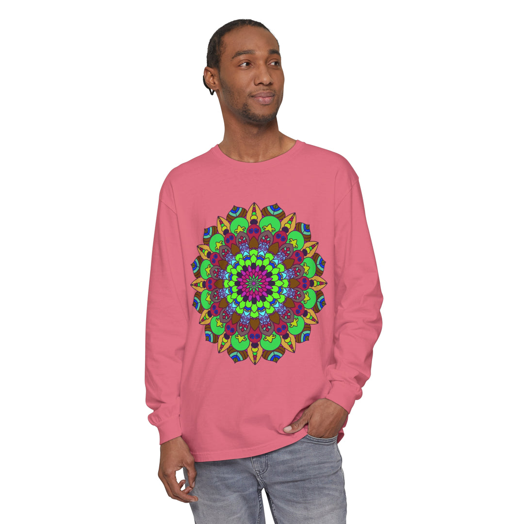 Colorful Mandala Unisex Long Sleeve T-Shirt featuring vibrant and intricate mandala design in various shades and hues