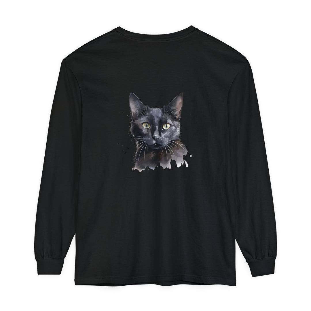 Beautiful black cat watercolor design on a mystical long sleeve t-shirt