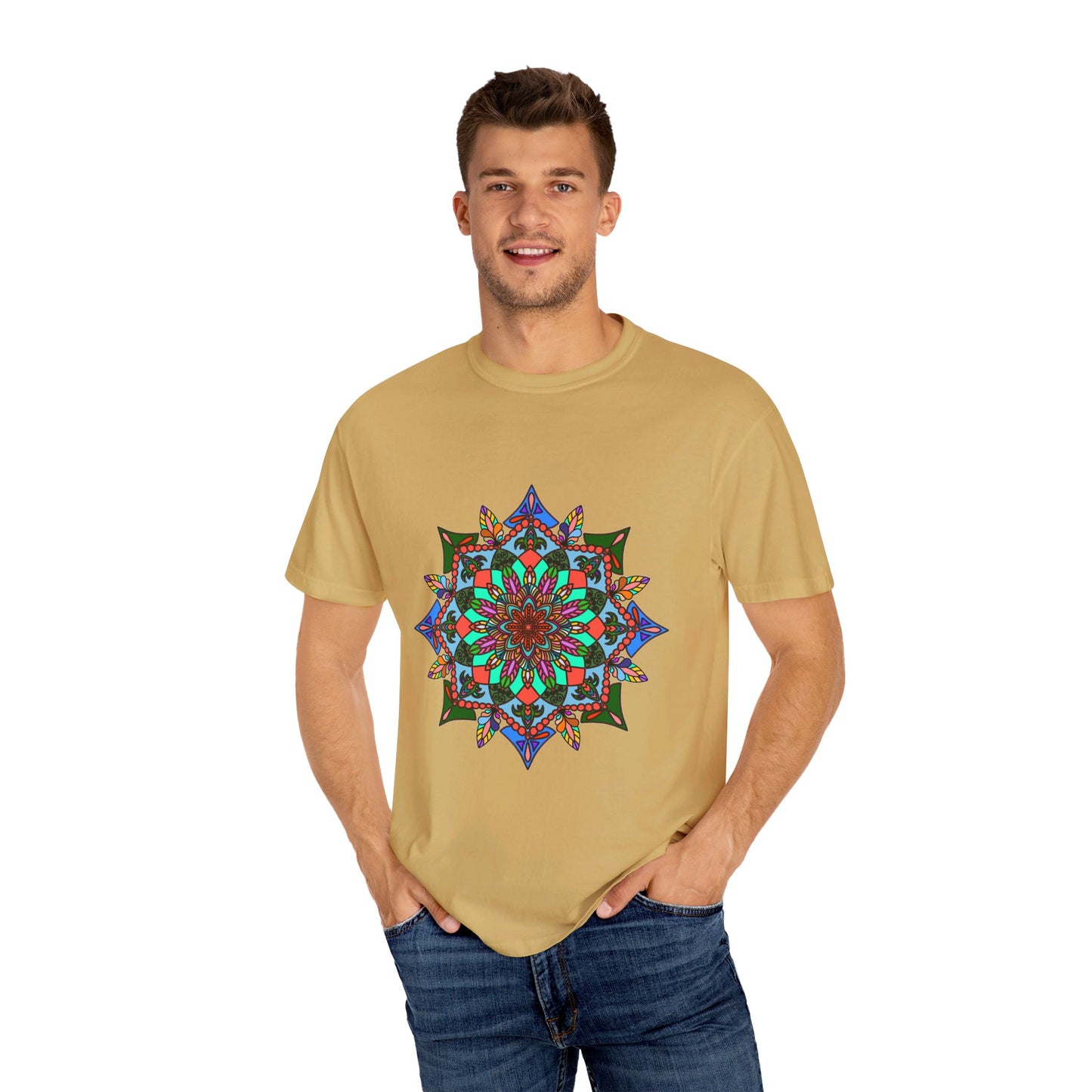 Unisex Mandala T-Shirt made from 100% Ring-Spun Cotton, hand-drawn Mandala art, and garment-dyed for extra comfort