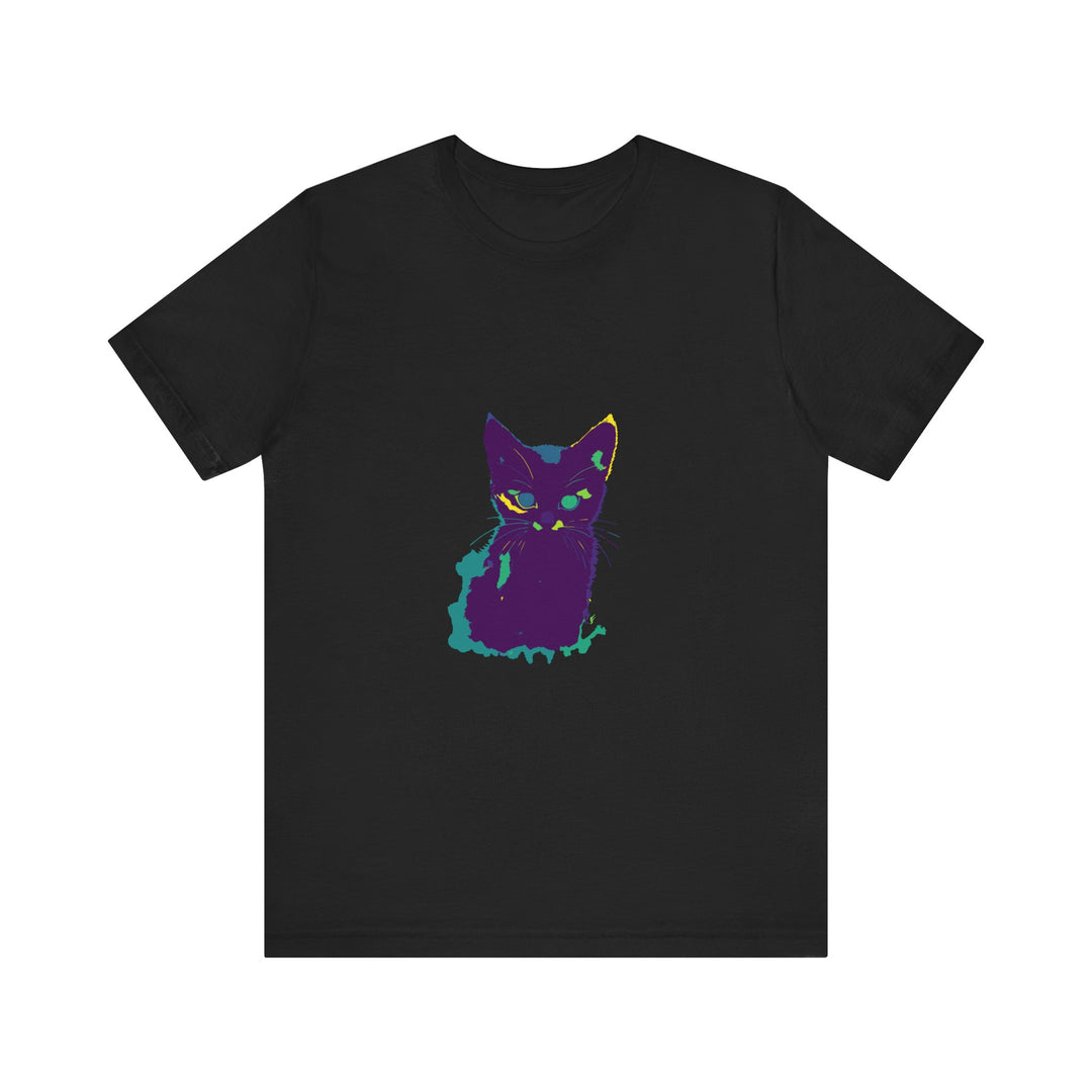 Colorful whimsical cat silhouette tee, perfect for cat lovers and animal enthusiasts