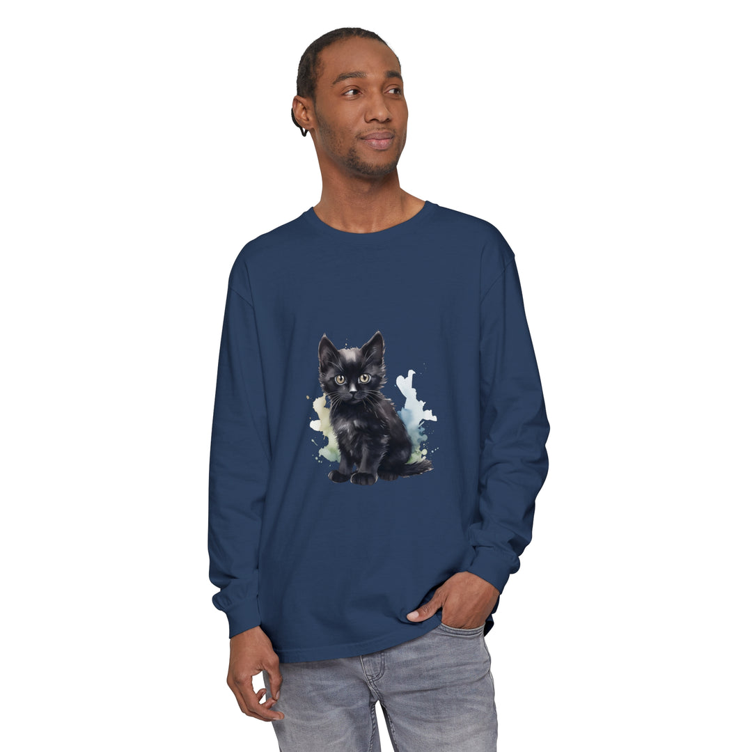 Black watercolor illustration of a playful kitten on a long sleeve t-shirt