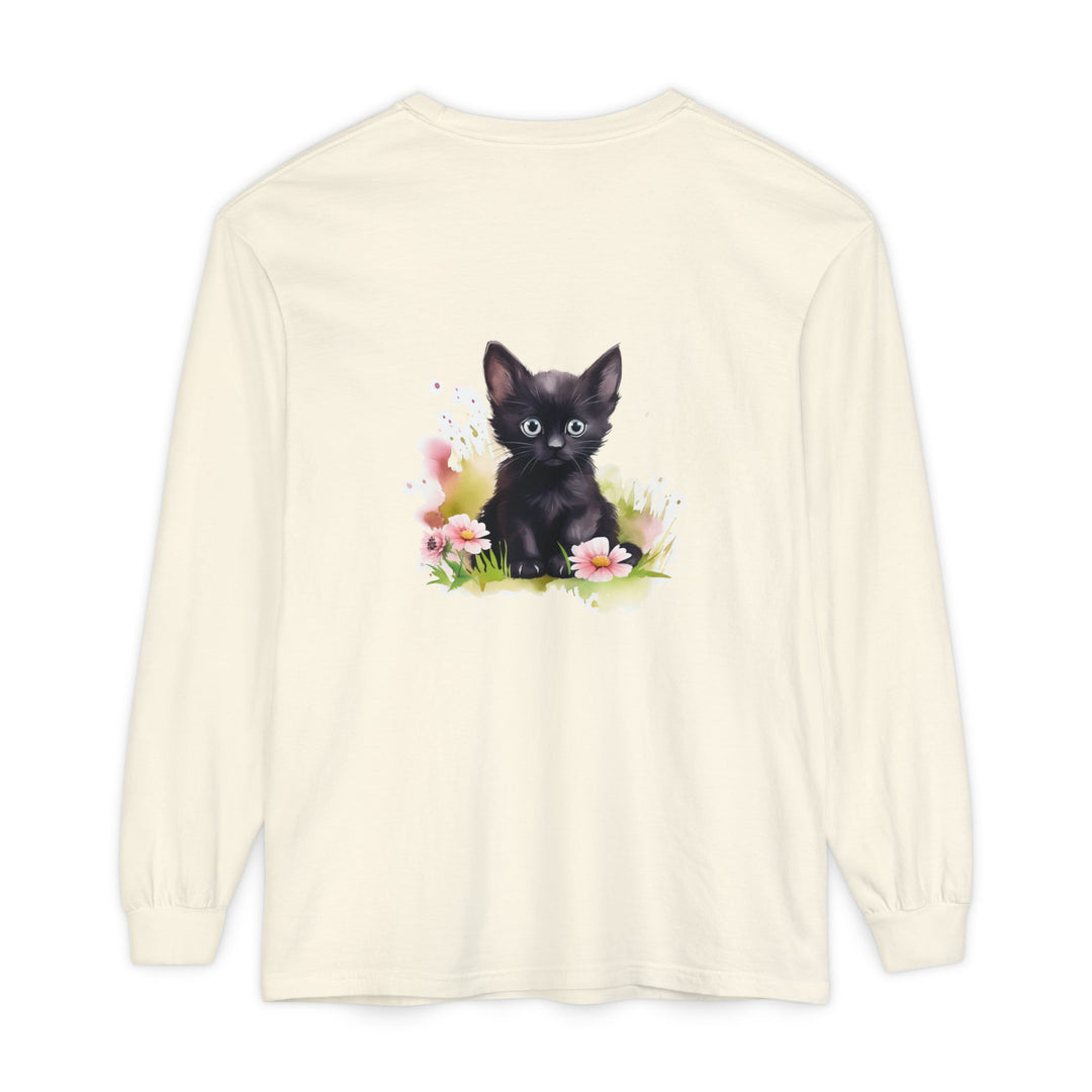 Black Kitten & Pink Flowers Long Sleeve T-Shirt