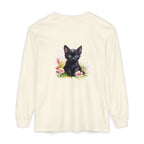 Langarmshirt mit schwarzem Kätzchen und rosa Blumen