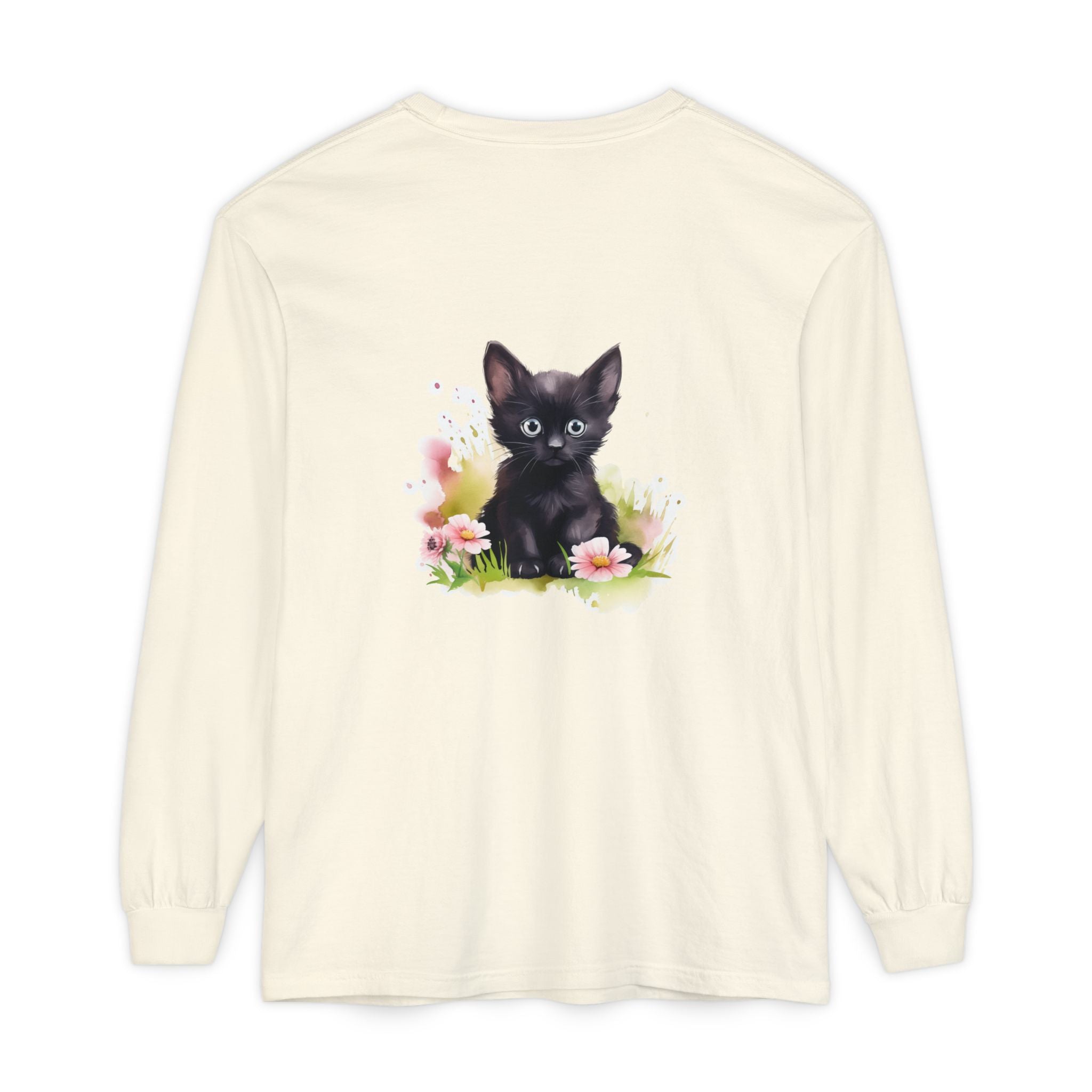 Langarmshirt | Schwarzes Kätzchen & rosa Blumen