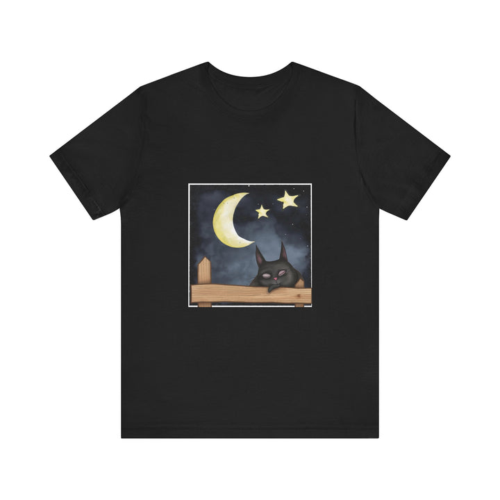 A black t-shirt with a sleepy cat design against a moonlit night background