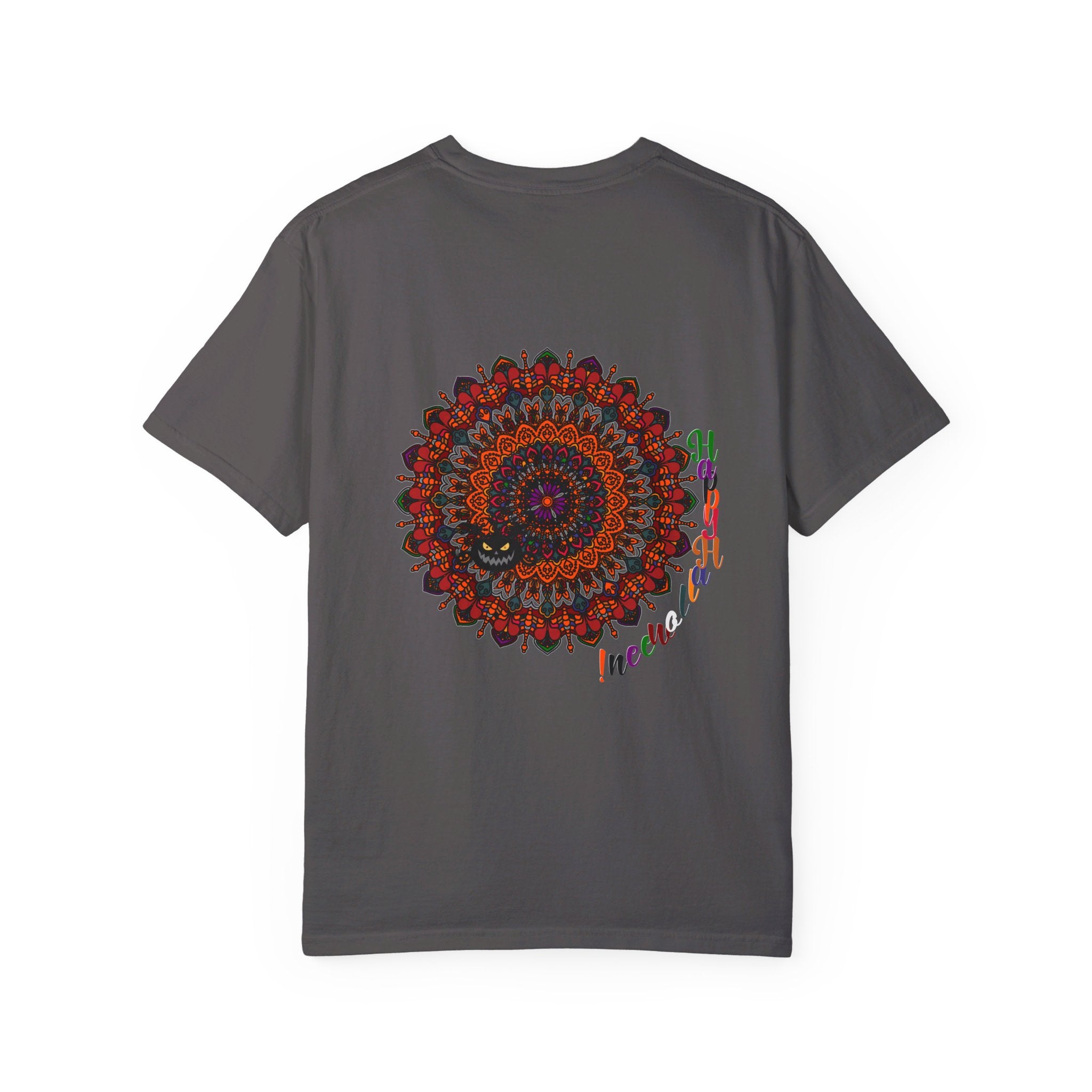 Unisex Halloween Mandala T-shirt featuring handmade pumpkin mandala art on a garment-dyed tee