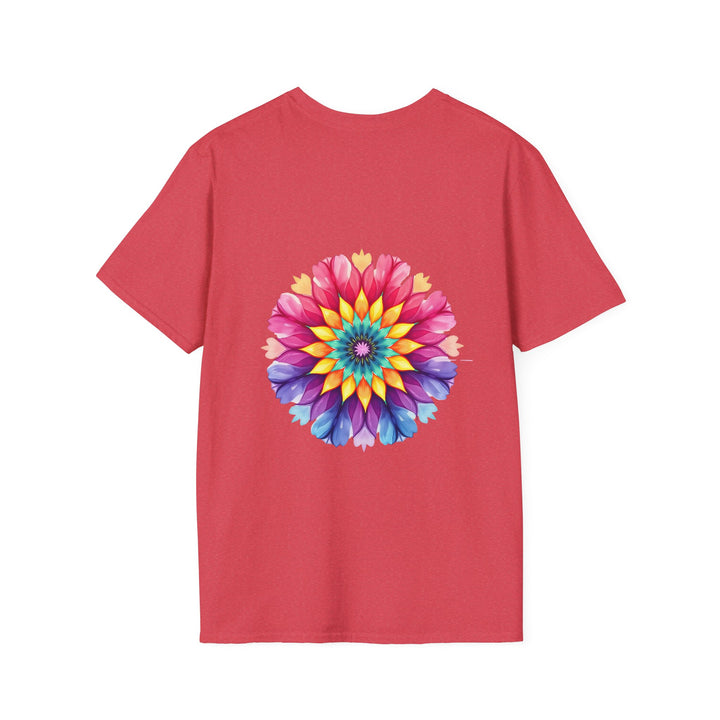 Colorful floral mandala design with inspirational quote on white t-shirt