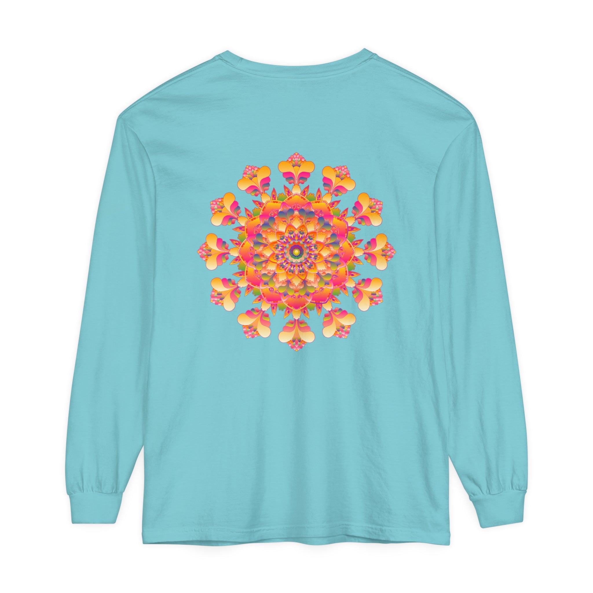 Colorful and intricately designed Vibrant Mandala Long Sleeve T-Shirt, perfect for both men and women, featuring a stunning unisex design