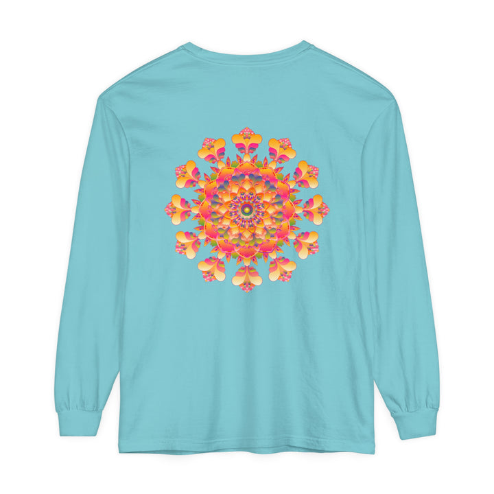 Colorful and intricately designed Vibrant Mandala Long Sleeve T-Shirt, perfect for both men and women, featuring a stunning unisex design