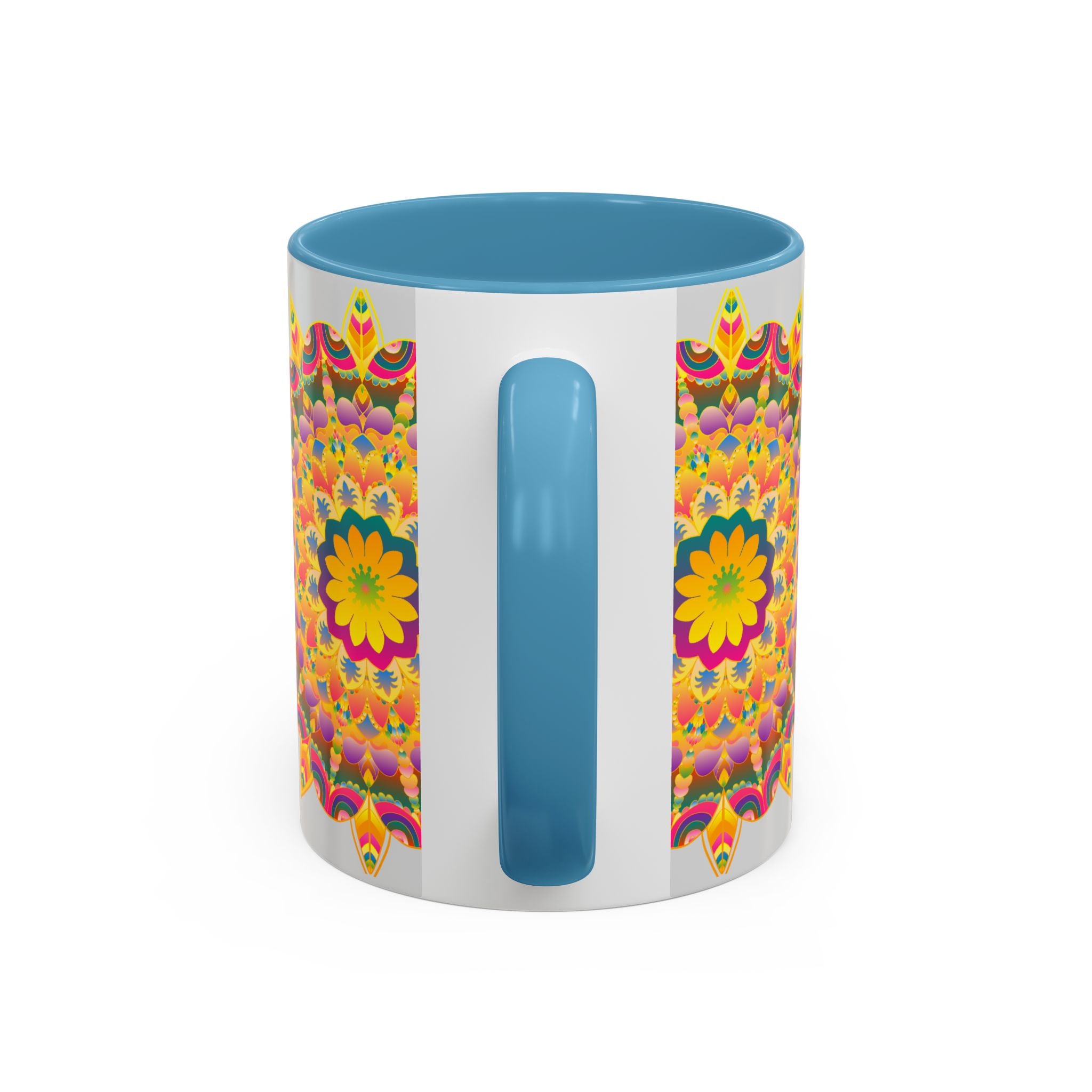 Artistic ceramic mug adorned with a vibrant floral mandala pattern