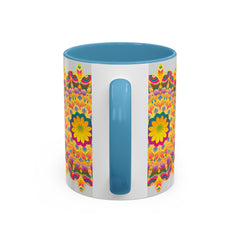 Artistic ceramic mug adorned with a vibrant floral mandala pattern
