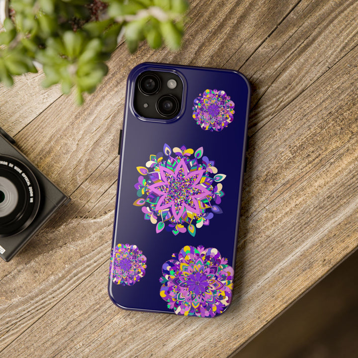 Hand-drawn purple mandala art phone case with durable and shock-absorbent design for stylish protection