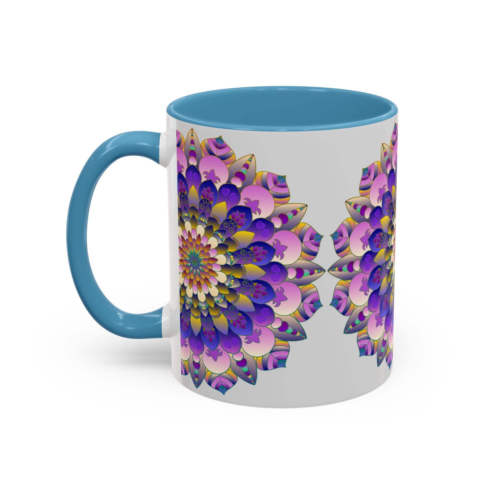 Beautiful mandala art design in vibrant colors on a grey ceramic mug