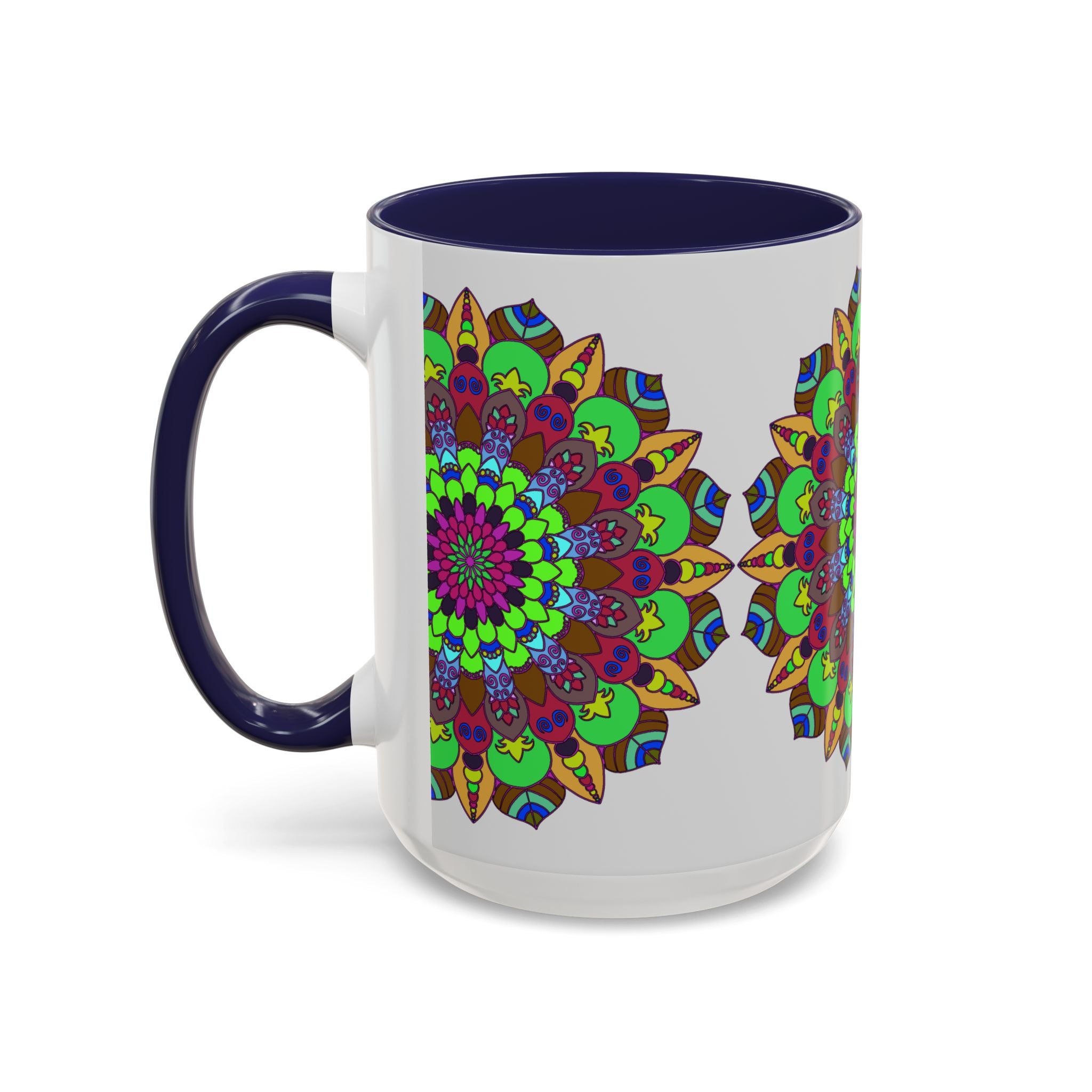 A colorful ceramic mug featuring a vibrant floral mandala art design