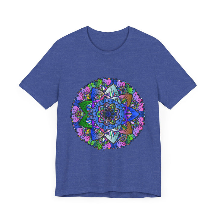 A vibrant and intricate mandala art design, featuring a multitude of colors, adorns this high-quality t-shirt