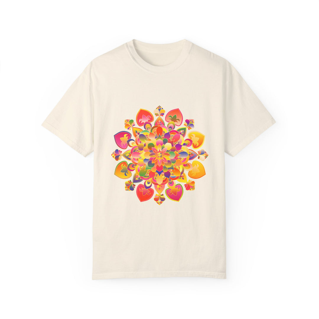 Colorful and intricate hand-drawn mandala design on a vibrant t-shirt