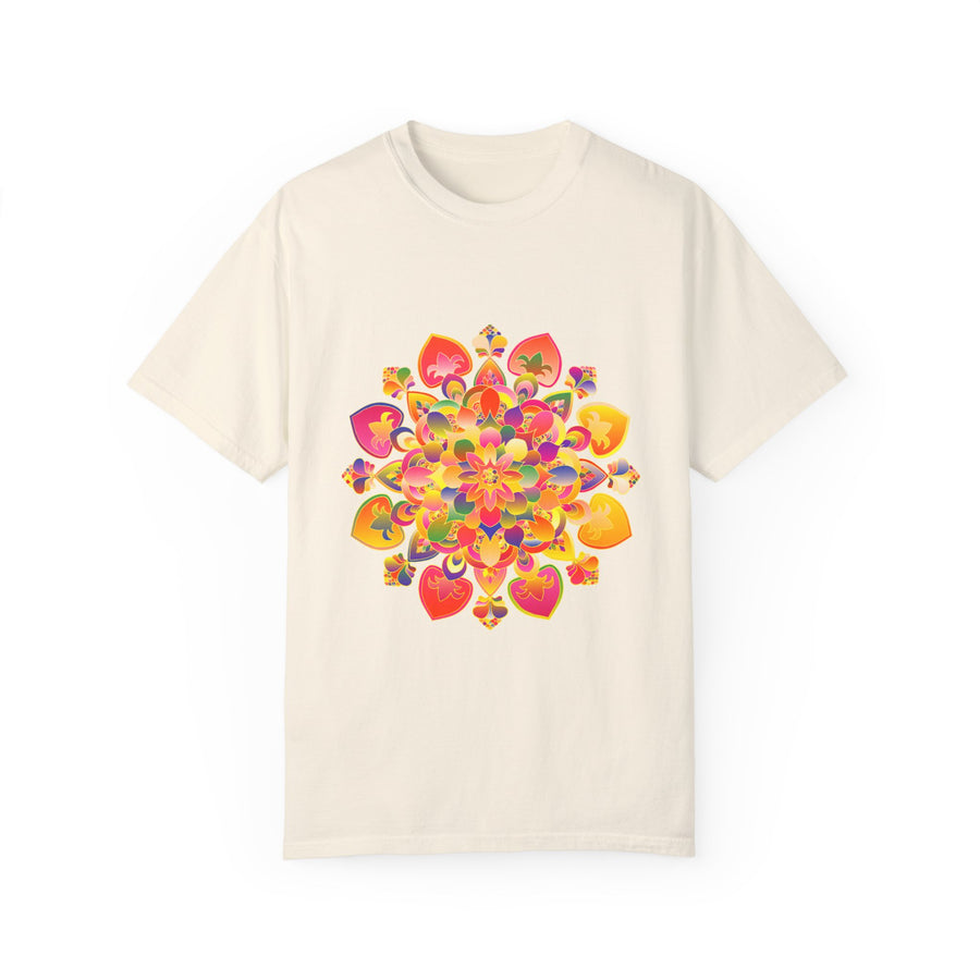 Colorful and intricate hand-drawn mandala design on a vibrant t-shirt