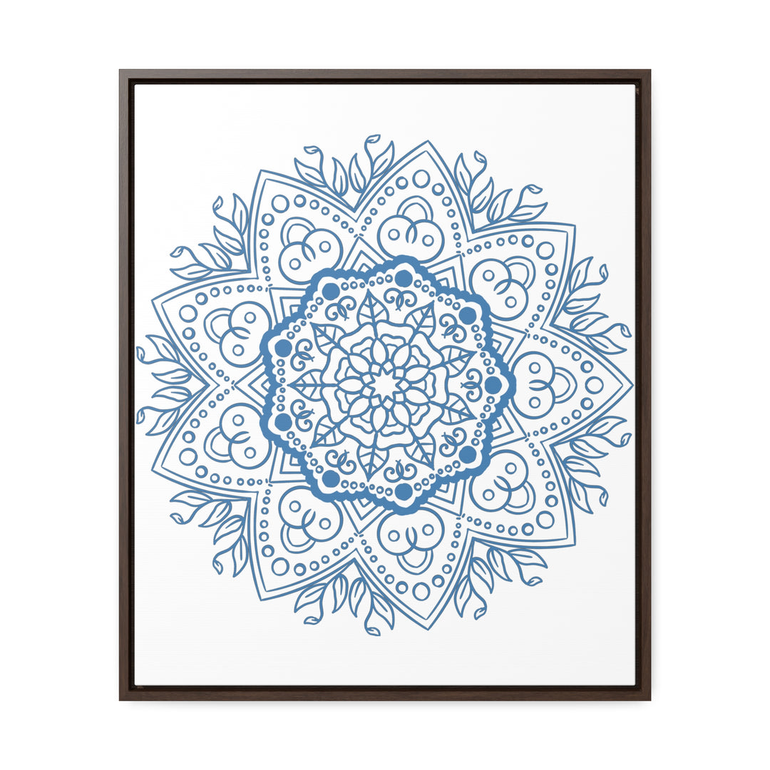 A beautiful handmade steel blue mandala design wall art on gallery canvas wraps in a vertical frame