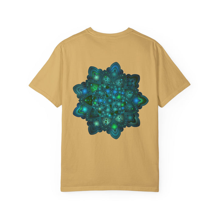 Intricate blue and green mandala t-shirt featuring intricate geometric design, perfect for both men and women