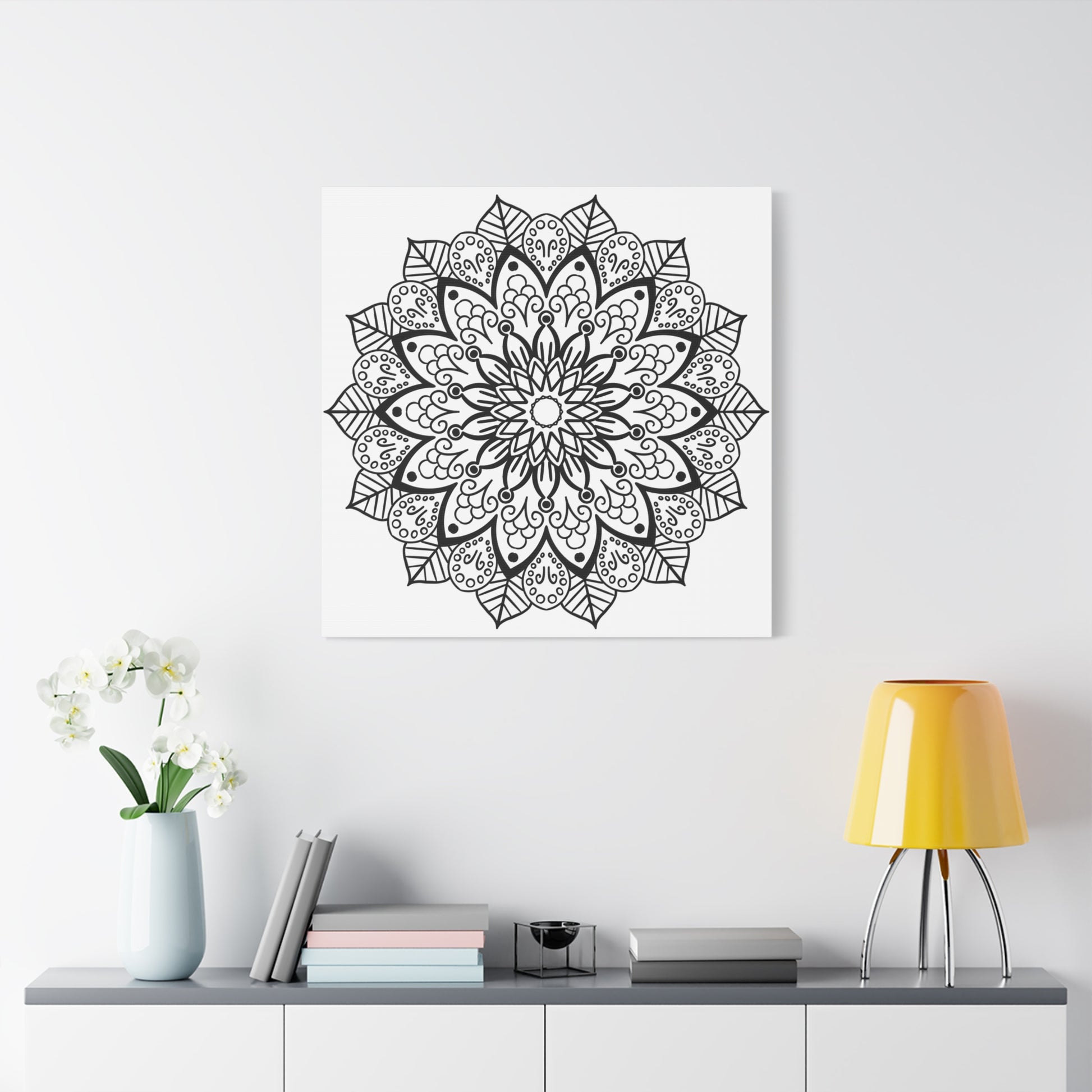 Handmade black and white mandala art on matte canvas, stretched, 125 inches