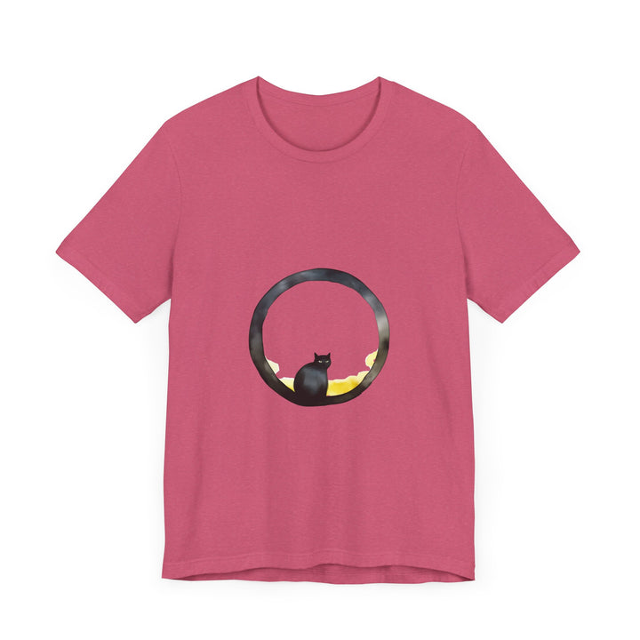 A black cat sits on a crescent moon with a whimsical and stylish design on a tee shirt