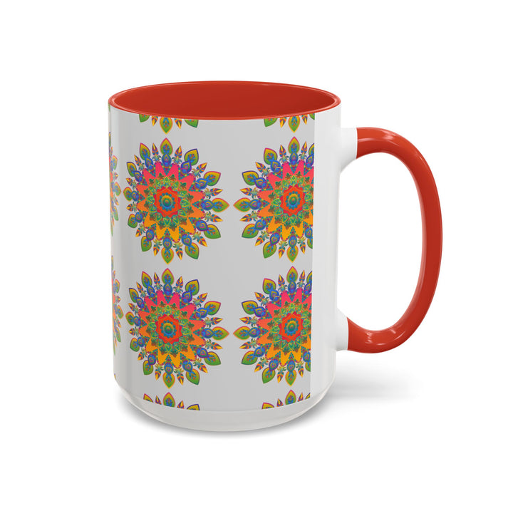 Gorgeous and colorful mandala design printed on a grey ceramic mug