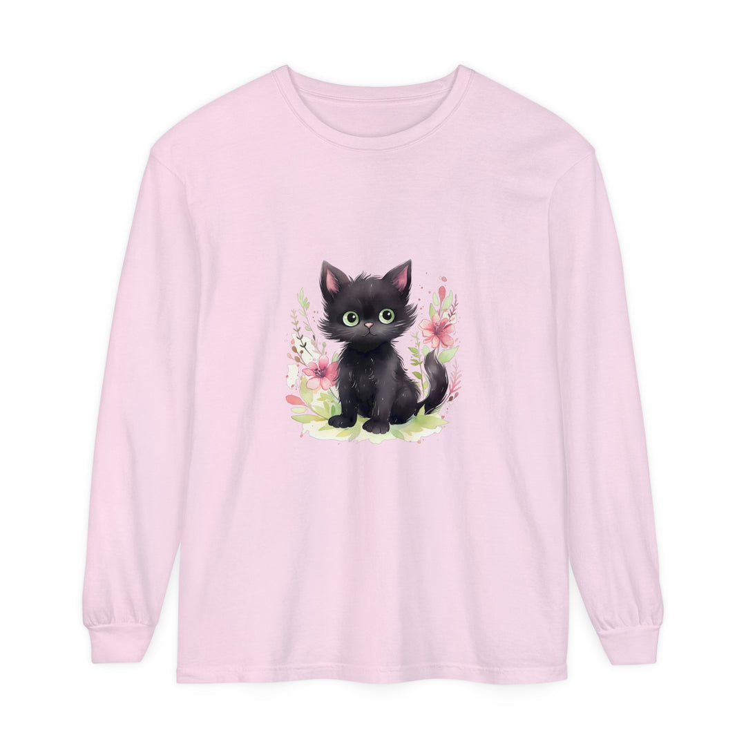 Colorful and whimsical t-shirt with a playful kitten surrounded by watercolor flowers