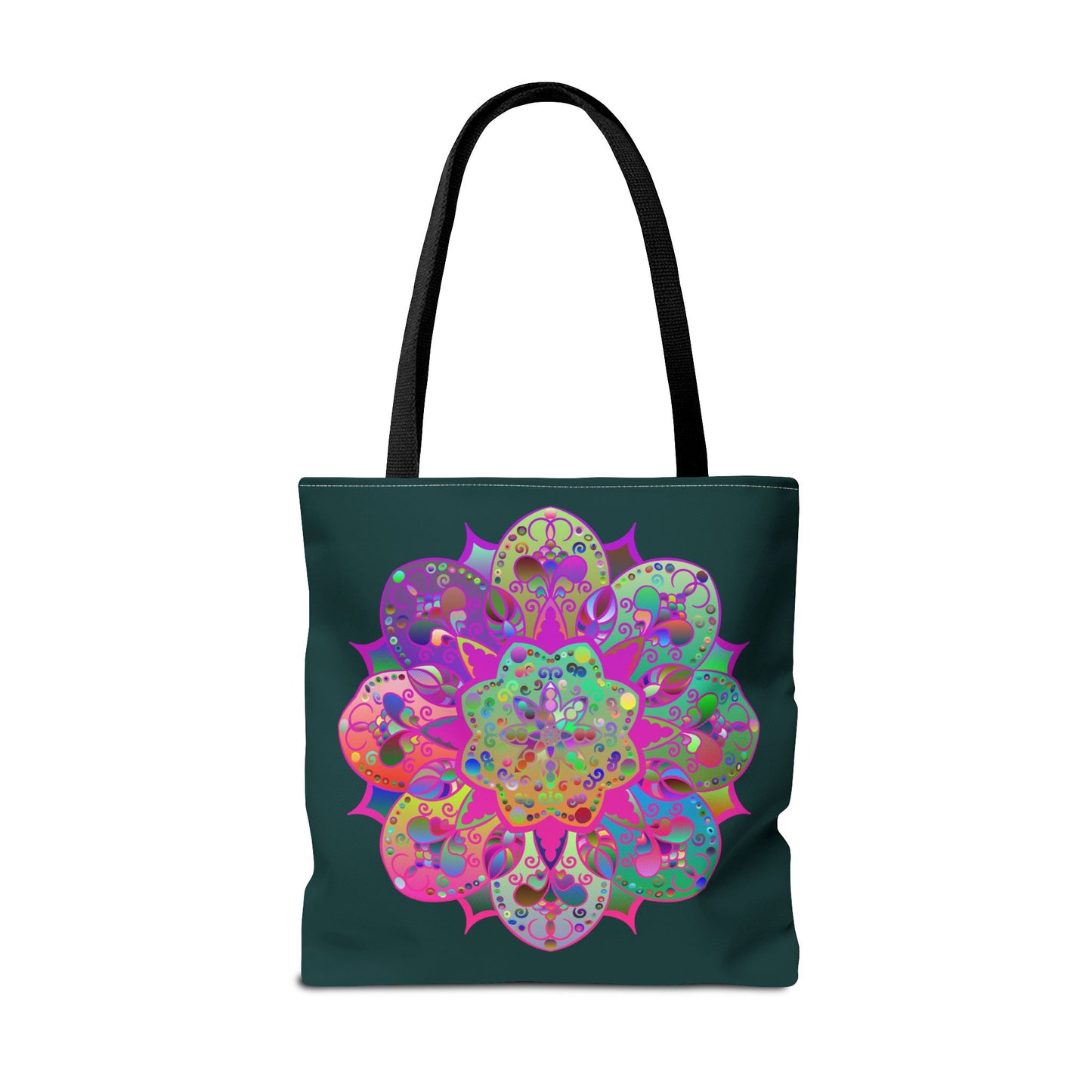 Spacious dark green tote bag adorned with beautiful and colorful mandala design