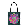 Spacious dark green tote bag adorned with beautiful and colorful mandala design