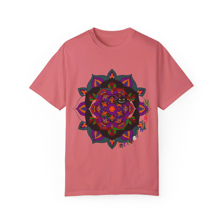 Unisex Halloween Mandala T-shirt featuring handmade pumpkin mandala art on a garment-dyed tee