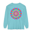 Vibrantly colored mandala design printed on a unisex long sleeve t-shirt