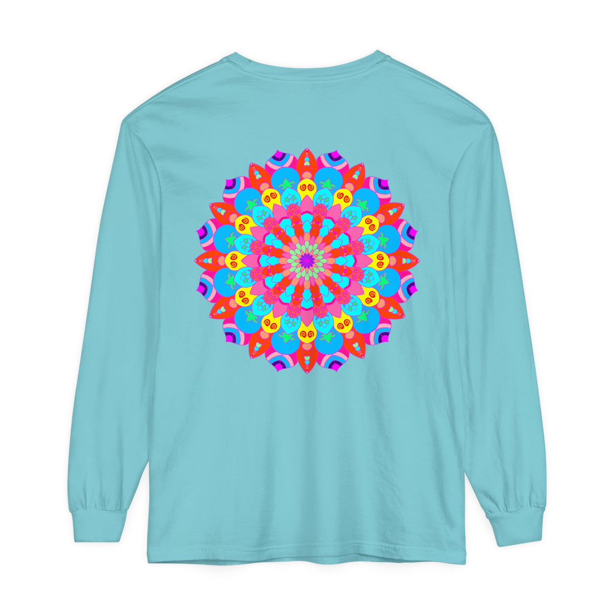 Vibrantly colored mandala design printed on a unisex long sleeve t-shirt