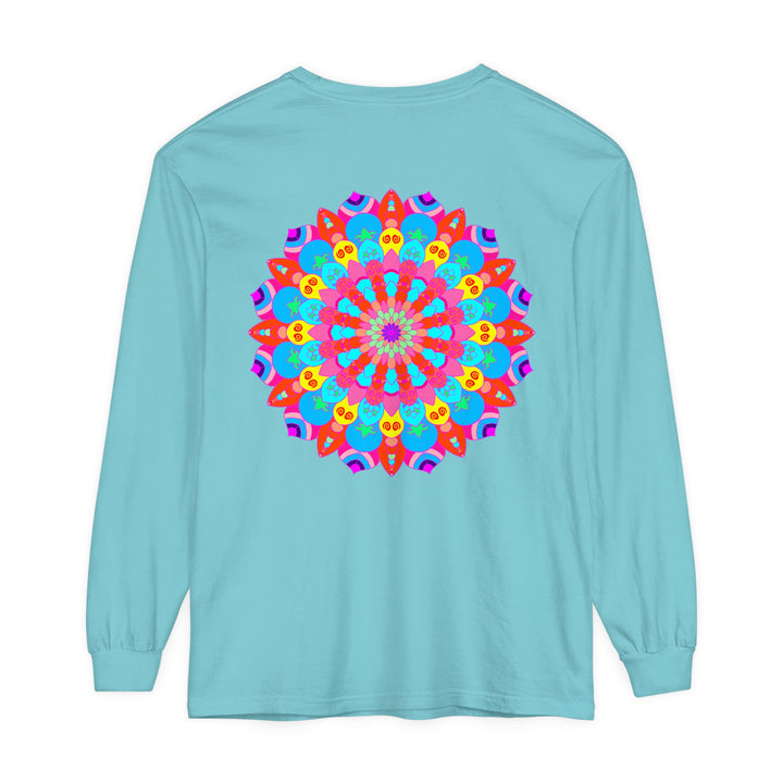 Vibrantly colored mandala design printed on a unisex long sleeve t-shirt