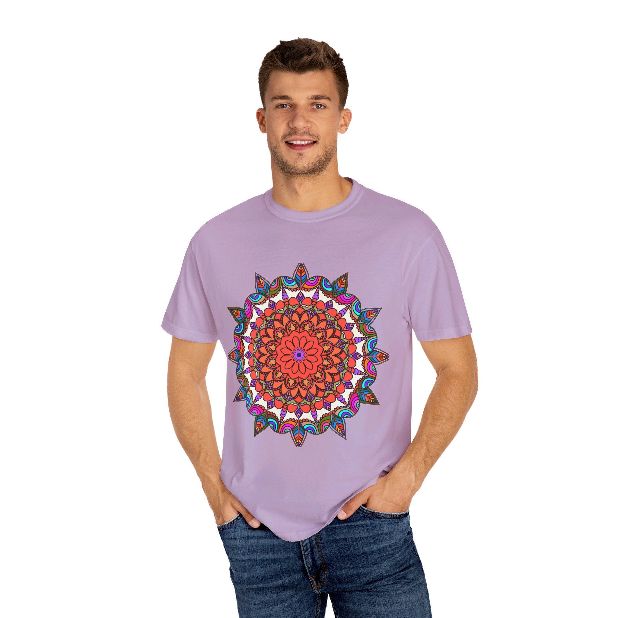 Unisex Mandala T-Shirt featuring intricate Hand-Drawn Mandala Art on 100% Ring-Spun Cotton, Garment-Dyed for Extra Comfort