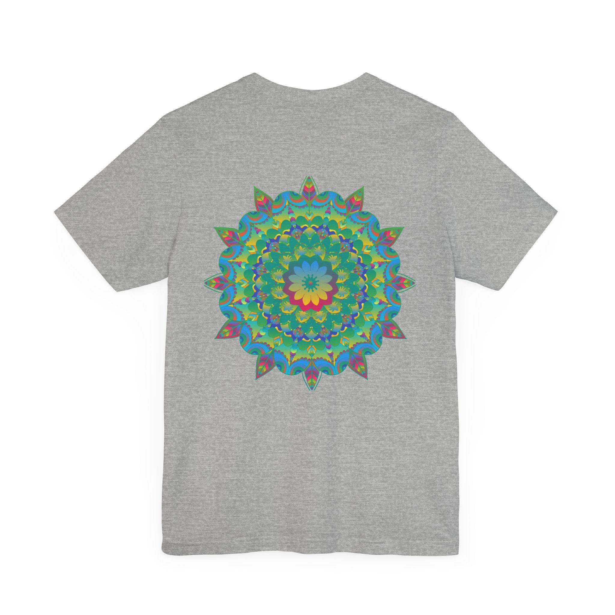 Colorful mandala tee with intricate design representing spiritual peace and harmony, perfect for meditation and yoga practice